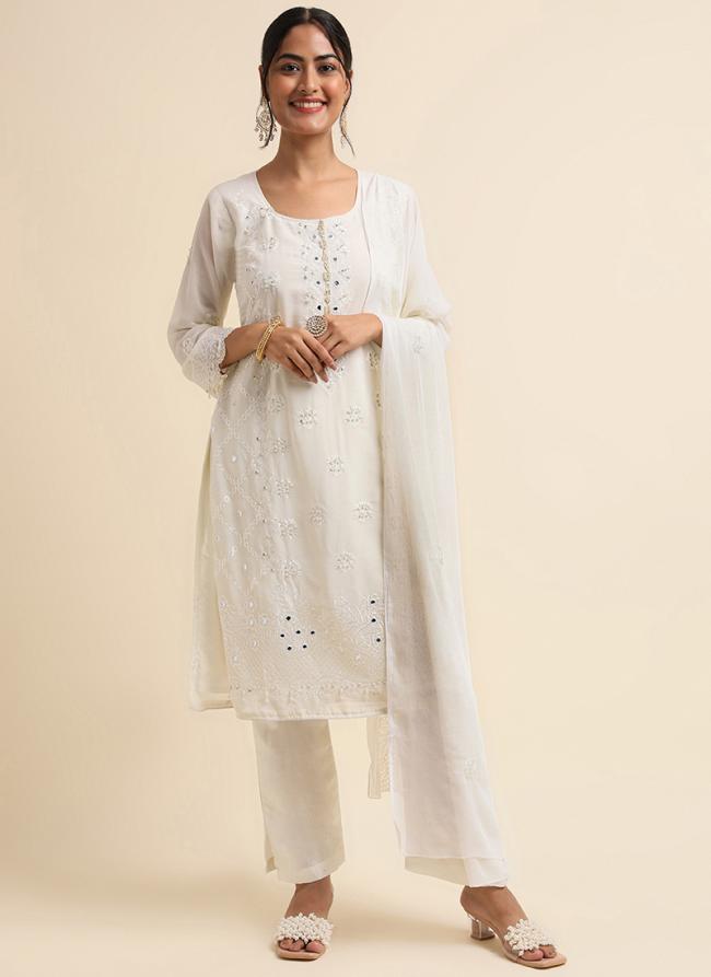 Faux Georgette Off-white Traditional Wear Zari Work Straight Suit